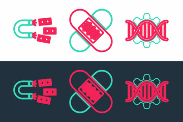 Set line Genetic engineering, Magnet with money and Crossed bandage plaster icon. Vector