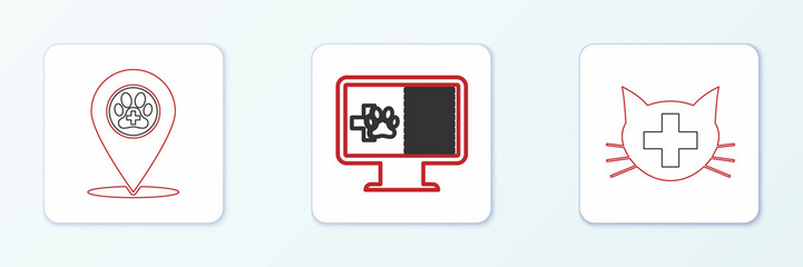 Set line Veterinary clinic, Location veterinary and Clinical record pet monitor icon. Vector