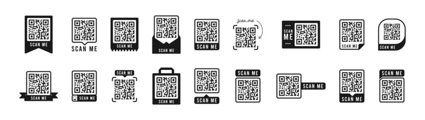 Qr code set. Template of frames for QR code with text - scan me. Quick Response codes for smartphone, mobile app, payment and discounts. Vector illustration. - obrazy, fototapety, plakaty