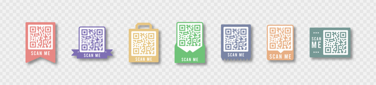 Qr code color frame set. Template of frames for QR code with text - scan me. Quick Response codes for smartphone, mobile app, payment and discounts. Vector illustration.