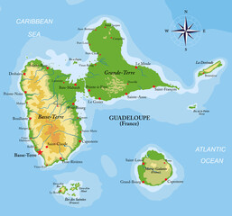 Guadeloupe islands highly detailed physical map