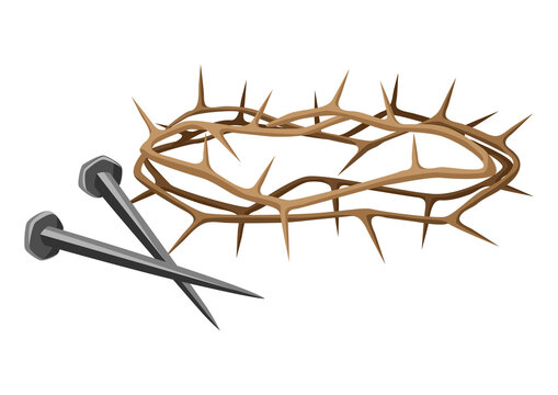 Christian illustration of crown of thorns and iron nails. Happy Easter image.