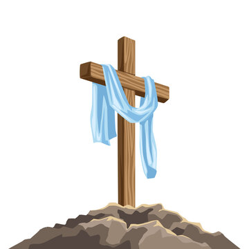 Christian illustration of wooden cross and shroud. Happy Easter image.