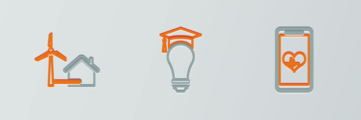Set line Mobile with wi-fi wireless, House wind turbine and Light bulb and graduation cap icon. Vector