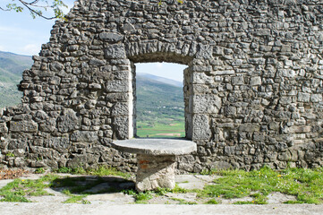 Well preserved medieval castle ruins in small town Boljun in southeast Istria, Croatia with amazing view on the valley, Istrian fields and Ucka mountain