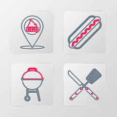 Set line Crossed knife and spatula, Barbecue grill, Hotdog sandwich and Location with barbecue icon. Vector
