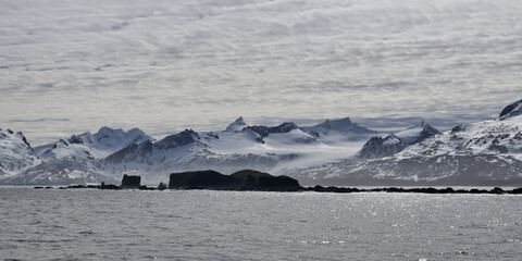 Snow covered mountains and glaciers, King Haakon Bay, South Georgia, South Georgia and the Sandwich Islands, Antarctica