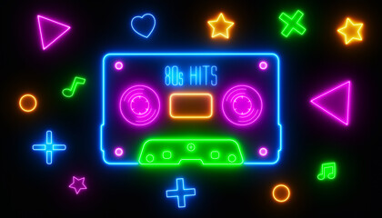 Illustration of an audio cassette in retro neon