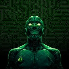 Zombie cyborg artificial intelligence - 3D illustration of dark green humanoid alien robot with computer circuit board background