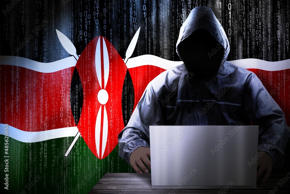 Poster anonymous hooded hacker, flag of kenya, binary code - cyber attack concept