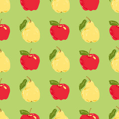 Colorful cartoon background with pears and apples. Seamless pattern with fruits. Red apple, yellow pear on green background. Fashion texture for baby clothes, kitchen decoration. Vector illustration