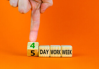 4 or 5 day work week symbol. Businessman turns cubes and changes words 5 day work week to 4 day work week. Beautiful orange background. Copy space. Business and 4 or 5 day work week concept.