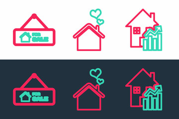 Set line Rising cost of housing, Hanging sign with For Sale and House heart shape icon. Vector