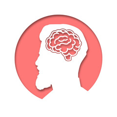 The head of a man is in a circle. Paper cut style icon with shadow. Medical concept icon of diseases of the brain, psychological disorder. Vector illustration