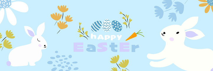 Happy Easter banner, poster background graphic design, decoration with bunnies, Easter eggs and flowers