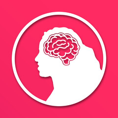 The head of a woman or girl is in a circle. Medical concept icon of diseases of the brain, psychological disorder. Paper cut style icon with shadow. Vector illustration