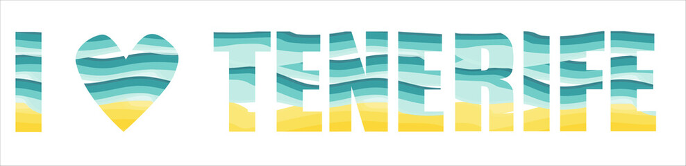 I love Tenerife island vector lettering. Blue sea and yellow sand stripes. Greeting card, banner or poster design.