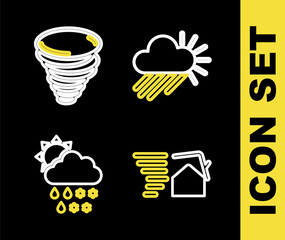 Set line Cloudy with rain and sun, Tornado swirl, snow, rain, and icon. Vector