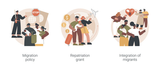Peoples resettling abstract concept vector illustration set. Migration policy, repatriation grant, integration of migrants, visa application form, border patrols control, job offer abstract metaphor.
