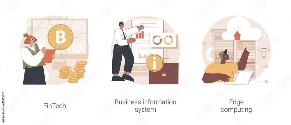 Poster it infrastructure and technology integration abstract concept vector illustration set. fintech techn