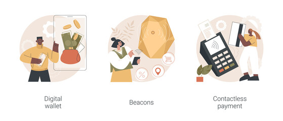 Payment technology abstract concept vector illustration set. Digital wallet, beacons, contactless payment, digital banking tool, money transfer, personalized marketing, paypass abstract metaphor.