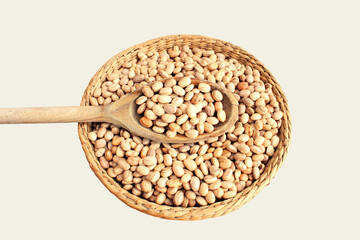 Carioca beans spoon and basket on white background.
