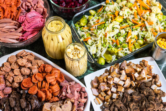 ASSORTED OF MEATS AND VEGETABLES KEY INGREDIENTS FOR PREPARATION OF GUATEMALAN FIAMBRE