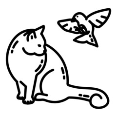 Cat And Bird Flat Icon Isolated On White Background