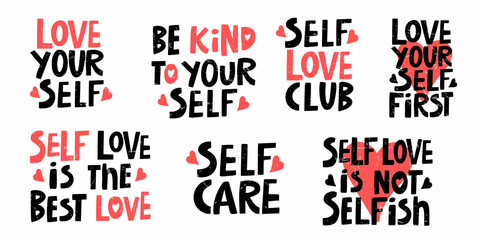 vector set of handwritten motivating inscriptions on the theme of self-love in a casual style