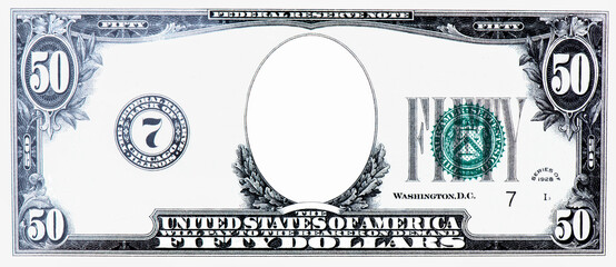 Clear 50 Dollar Banknote pattern, Fifty dollar border with empty middle area, U.S. 50 highly detailed dollar banknote. on a white background.