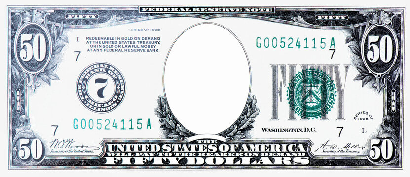 Clear 50 Dollar Banknote pattern, Fifty dollar border with empty middle area, U.S. 50 highly detailed dollar banknote. on a white background.