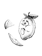 Hand drawn  illustrations 
 of lemons with eyes and tongue sticking out.