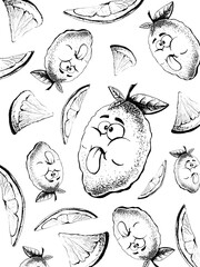 Hand drawn set of hand drawn illustrations 
 of lemons with eyes and tongue sticking out.