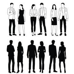 Vector silhouettes of  men and a women, a group of standing  business people,  linear sketch, black and white color isolated on white background