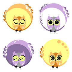 A set of four owls on a white background. Bright colorful birds. Birds set in a flat style. Colorful funny cartoon.