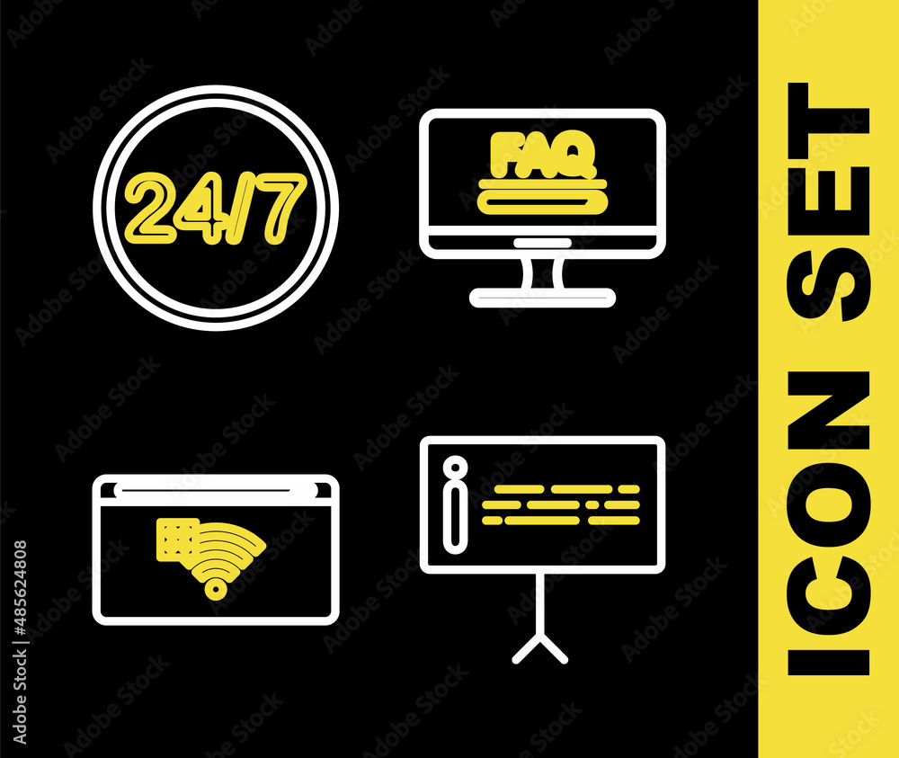 Poster set line monitor with faq information, information, no internet connection and clock 24 hours icon. 