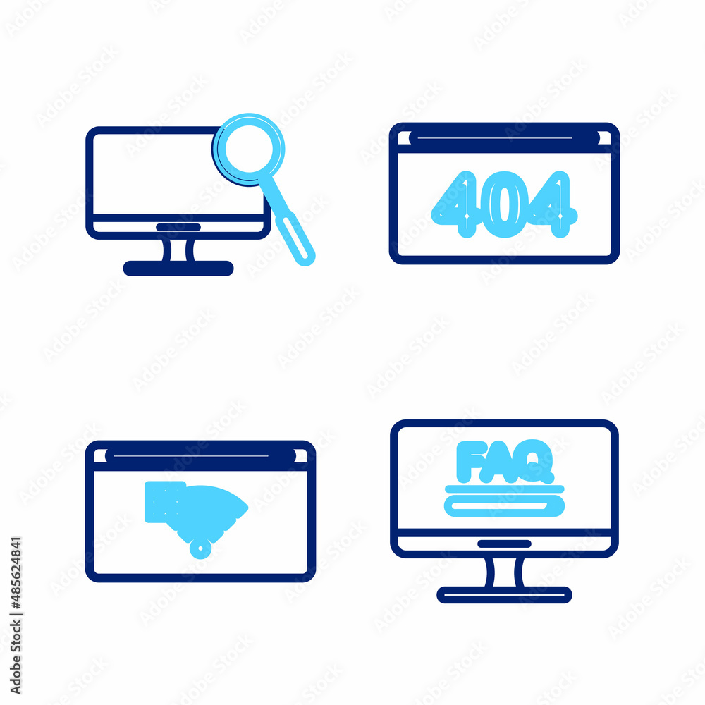 Poster set line monitor with faq information, no internet connection, page 404 error and computer monitor d
