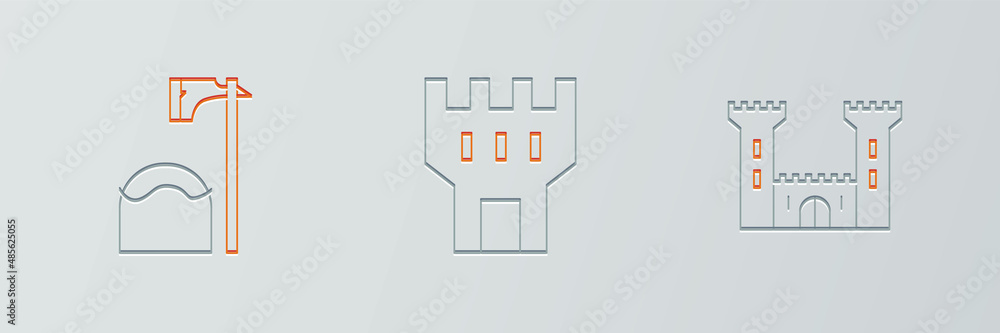 Aufkleber set line castle, executioner axe in tree block and tower icon. vector