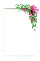 Gold frames with watercolor bouquets of flowers,peonies,poppies, for Valentine's Day greeting cards,invitations,for design works.