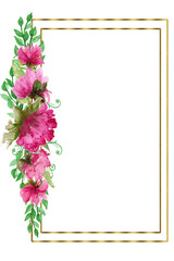 Gold frames with watercolor bouquets of flowers,peonies,poppies, for Valentine's Day greeting cards,invitations,for design works.