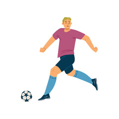 Football male player runs with the ball, flat vector illustration isolated on white background.