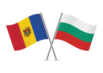 Moldova and Bulgaria crossed flags. Moldovan and Bulgarian flags isolated on white background. Vector icon set. Vector illustration.