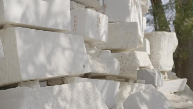 Textured Stones Of Makrana Marble Blocks At Daytime. Close up