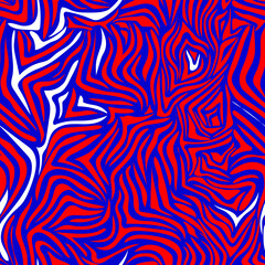 Red thin wavy stripes on a blue background with white splashes. Seamless modern zebra pattern for trendy textured fabrics, paper products. Vector. © Sagittarius_13