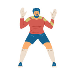 Naklejka premium Football or soccer goalkeeper catching ball, flat vector illustration isolated.