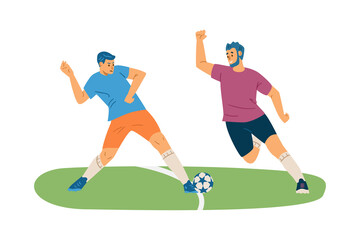 Two football players compete during soccer game, flat vector illustration isolated on white background.
