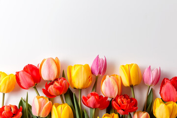 A bouquet of tulips of different colors on a white background.