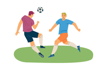 Footballers kicking the ball during soccer game, flat vector illustration isolated on white background.