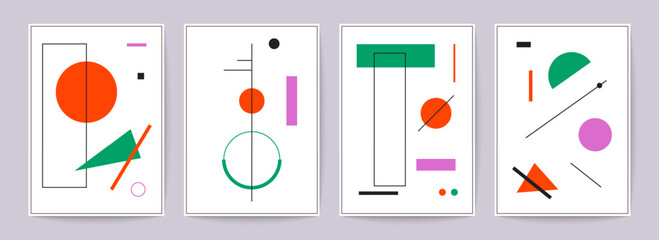 Geometric minimal posters. Simple primitive figures, modern background set suprematism bauhaus style. Vector illustration
