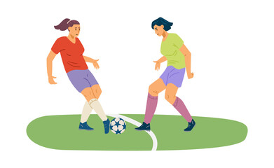 Female soccer players kicking and passing the ball, flat vector illustration isolated on white background.